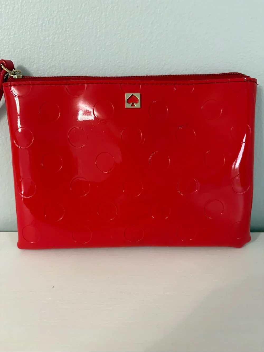 Kate Spade Camellia Street Mini Pouch Chili Red Polka Dot Patent Cosmetic Bag